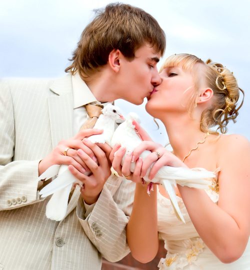 young and beautiful bride and groom kissing holding white doves in hands